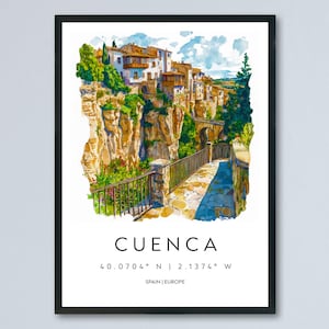 Affiche aquarelle de Cuenca, impression de voyage de Cuenca, art mural, Espagne, décoration de Cuenca, scène de maisons suspendues, vue sur la ville historique, impression de paysage à flanc de falaise