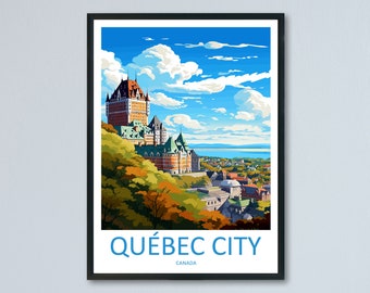 Puede incluir: Un cartel de viaje vintage con una ilustración colorida de la ciudad de Quebec, Canadá. El cartel representa el hotel Château Frontenac, un hito histórico, con vistas a la ciudad con un cielo azul y nubes blancas en el fondo.
