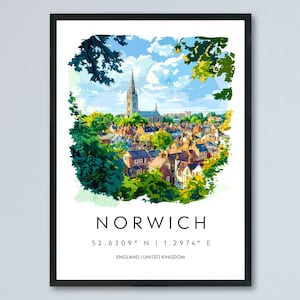 Norwich Watercolor Poster Norwich England Travel Print Wall Art Norwich Home Decor Norwich Gift Art Lovers UK Historic City
