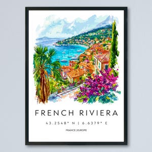 Affiche aquarelle de la Côte d'Azur, impression de voyage, art mural France, décoration de la Côte d'Azur, scène côtière, ville méditerranéenne, vue plage, impression
