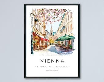 Wenen aquarel poster muurkunst Wenen muur hangend woondecoratie Wenen cadeau kunstliefhebbers Oostenrijk muurkunst