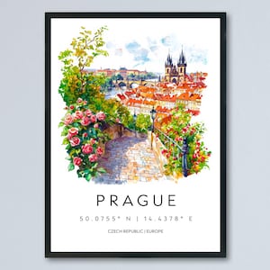 Póster de acuarela de Praga, impresión de viaje de Praga, arte mural de Praga, pintura del paisaje urbano de Praga, recuerdo de Praga, decoración de la República Checa