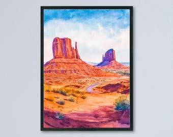 Poster acquerello Monument Valley, arte murale Monument Valley, decorazione da parete, decorazione per la casa, regalo Monument Valley, amanti dell'arte, regalo per gli amanti dell'arte dell'Arizona