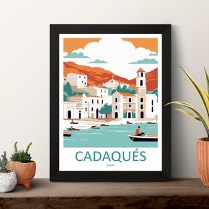 May include: A colorful illustration of the town of Cadaqu&eacute;s, Spain. The image features a white church with a tall bell tower, a mountain range in the background, and a blue body of water with boats. The text "Cadaqu&eacute;s, Spain" is printed below the image.