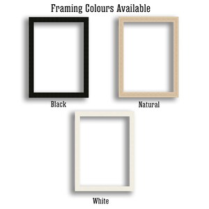 Op de afbeelding: Drie fotolijsten in zwart, naturel en wit, weergegeven tegen een witte achtergrond. De tekst "Framing Colours Available" staat bovenaan, met de kleurnamen onder elk frame.