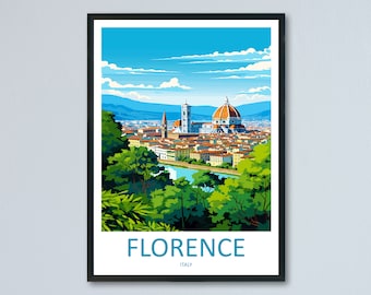 May include: A colorful illustration of the city of Florence, Italy, with the Duomo and other buildings visible in the background. The city is viewed from a hillside with green trees in the foreground. The text "FLORENCE ITALY" is at the bottom of the image.