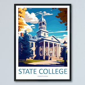 Póster de viaje de State College, arte de pared, colgante de pared de State College, decoración del hogar, regalo de State College, amantes del arte, póster de viaje de Pensilvania