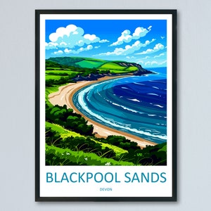 May include: A colorful illustration of a curved beach with blue water and green hills. The text "BLACKPOOL SANDS DEVON" is at the bottom of the image.