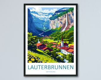 May include: A colorful illustration of Lauterbrunnen, Switzerland, a village nestled in a valley surrounded by mountains and waterfalls. The village is depicted with red-roofed houses, a church steeple, and a winding river. The mountains are a vibrant blue and green, with snow-capped peaks. The text "LAUTERBRUNNEN" and "SWITZERLAND" is displayed at the bottom of the image.