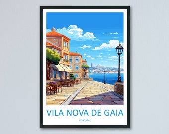 May include: A colorful illustration of a street scene in Vila Nova de Gaia, Portugal. The image features a cobblestone street lined with buildings, a cafe with tables and chairs, and a view of the Douro River in the background.