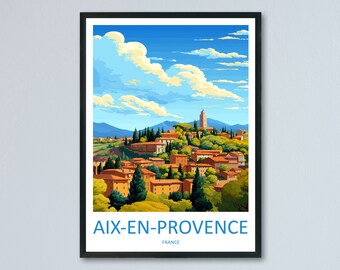 May include: A vintage travel poster featuring a colourful illustration of Aix-en-Provence, France. The poster depicts a picturesque town with buildings, trees, and a blue sky with white clouds. The text "Aix-en-Provence" and "France" is printed in blue at the bottom of the poster.