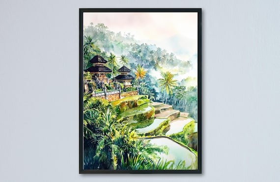 バリ島水彩画ポスター、バリ島旅行プリント、バリ島壁画、バリ島風景画