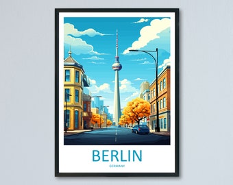 May include: A colourful illustration of a city street with a tall tower in the distance. The street is lined with buildings and trees, and there is a car driving down the street. The text "BERLIN, GERMANY" is at the bottom of the image.