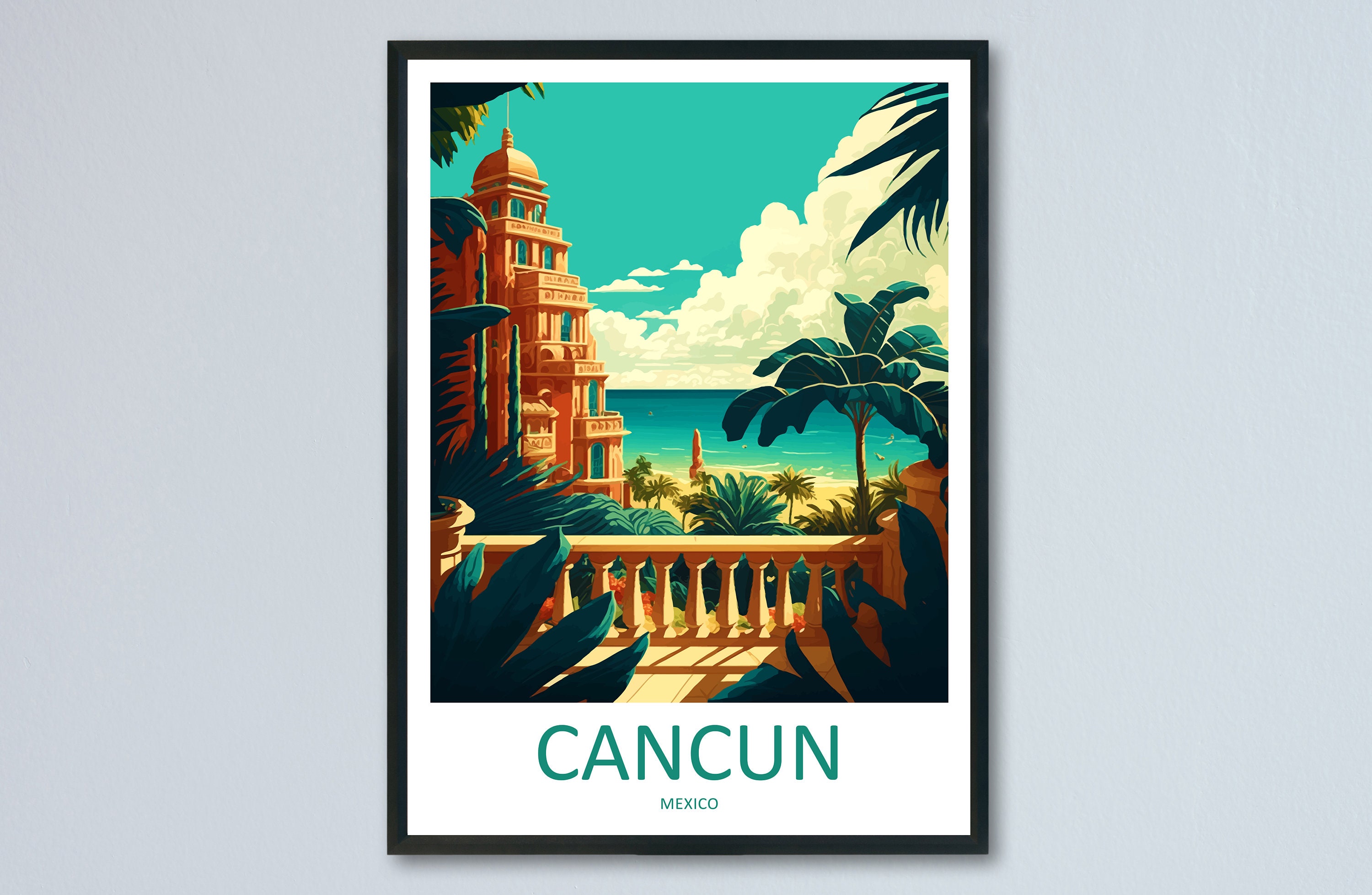  Cancun México Vintage Travel Poster Canvas Frame 11x14 : Hogar  y Cocina