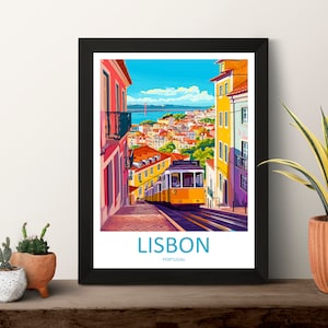 May include: A colorful illustration of a yellow tram traveling up a hill in Lisbon, Portugal. The tram is surrounded by colorful buildings and a view of the city in the background. The text "LISBON" and "PORTUGAL" is printed below the image.