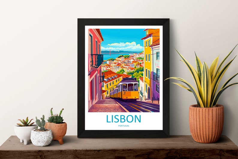 May include: A colorful illustration of a yellow tram traveling up a hill in Lisbon, Portugal. The tram is surrounded by colorful buildings and a view of the city in the background. The text "LISBON" and "PORTUGAL" is printed below the image.
