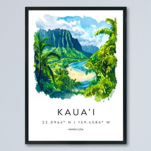 Affiche aquarelle de Kauai, art mural, tenture murale de Kauai, décoration d&#39;intérieur, cadeau Kauai, amateurs d&#39;art, cadeau d&#39;amateur d&#39;art d&#39;Hawaï, art mural d&#39;Hawaï