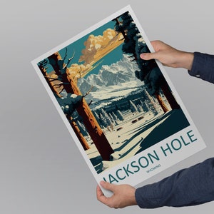 May include: A vintage-style travel poster featuring a snowy mountain landscape with a forest in the foreground. The poster is titled "Jackson Hole, Wyoming".