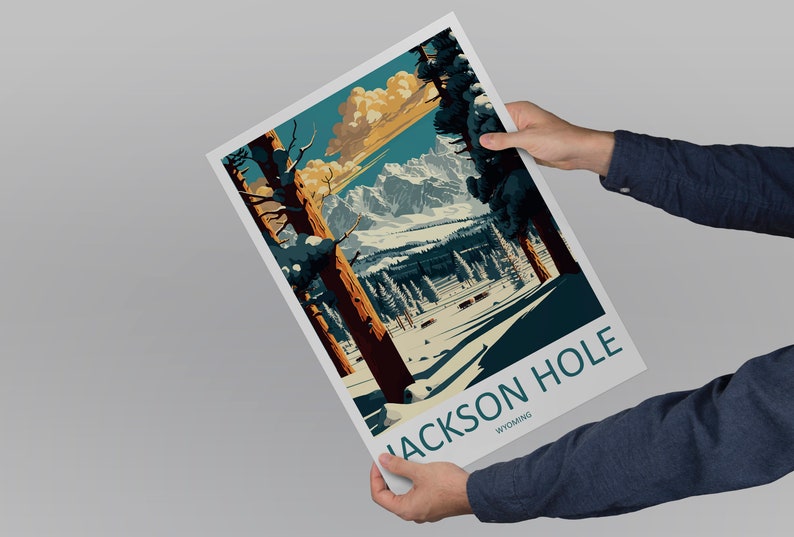 May include: A vintage-style travel poster featuring a snowy mountain landscape with a forest in the foreground. The poster is titled "Jackson Hole, Wyoming".