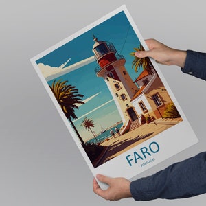 May include: A vintage-style travel poster featuring a lighthouse with a red and white striped tower, palm trees, and a blue sky. The text "FARO PORTUGAL" is at the bottom of the poster.