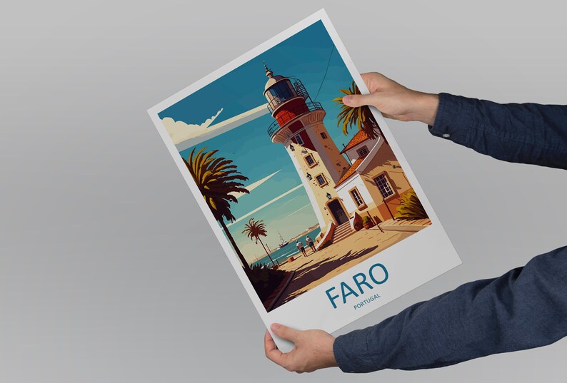 May include: A vintage-style travel poster featuring a lighthouse with a red and white striped tower, palm trees, and a blue sky. The text "FARO PORTUGAL" is at the bottom of the poster.