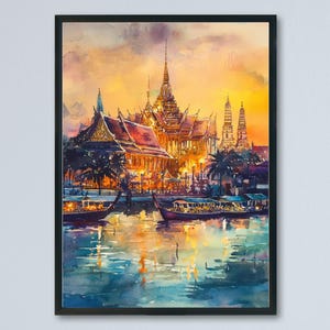 Bangkok Watercolor Poster Bangkok Travel Print Thailand Wall Art Bangkok Cityscape Decor Temple Scene Thai Architecture Skyline Print