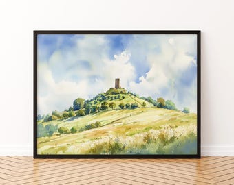 Póster de acuarela de Glastonbury, Inglaterra. Lámina de viaje de Glastonbury. Pintura de la ciudad de Somerset. Arte mural de Tor Hill. Souvenir del Reino Unido.