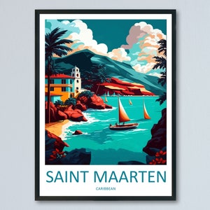 Puede incluir: Una ilustración colorida de una escena de isla tropical con un edificio blanco, palmeras y veleros en una bahía turquesa. El texto "SAINT MAARTEN" y "CARIBBEAN" está en la parte inferior de la imagen.
