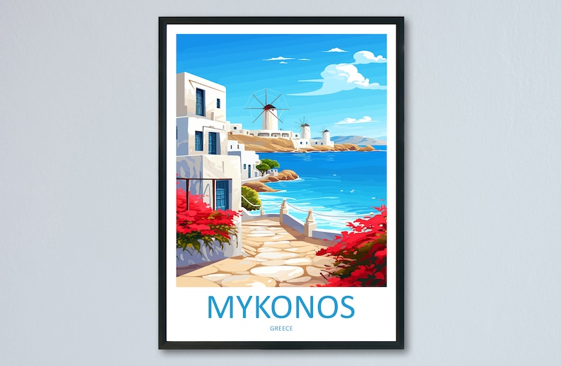 Puede incluir: Una ilustraci&oacute;n colorida de un edificio blanco con una puerta azul y flores rojas en frente. El edificio est&aacute; en un camino empedrado que conduce a un oc&eacute;ano azul con molinos de viento blancos en la distancia. El texto "MYKONOS GREECE" est&aacute; en la parte inferior de la imagen.