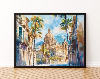 Palermo Watercolor Poster Landscape Wall Art Palermo Wall Hanging Home Décor Palermo Gift Art Lovers Italy Wall Art