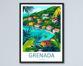 May include: A colorful illustration of a tropical island scene with a bay, houses, and palm trees. The text "GRENADA CARIBBEAN" is at the bottom of the image.