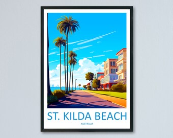 Impresión de viaje de la playa de St Kilda, arte de pared, colgante de pared de la playa de St Kilda, decoración del hogar, regalo de la playa de St Kilda, arte de pared para amantes del arte, póster de Australia Deco