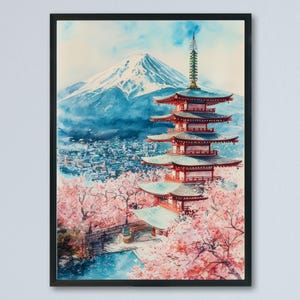 Mount Fuji Painting Japan Watercolor Art Print Mountain Sunrise