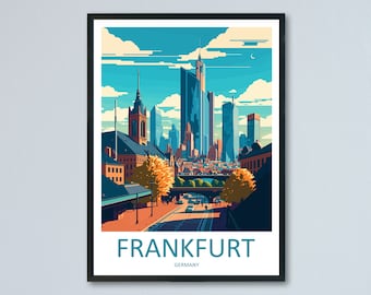 May include: A colorful illustration of the Frankfurt skyline, featuring a tall skyscraper, a church steeple, and a bridge over a river. The text "FRANKFURT GERMANY" is at the bottom of the image.