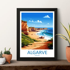 May include: A colorful illustration of a beach scene in Algarve, Portugal. The image features a sandy beach, blue ocean, and red cliffs. The text "ALGARVE PORTUGAL" is at the bottom of the image.