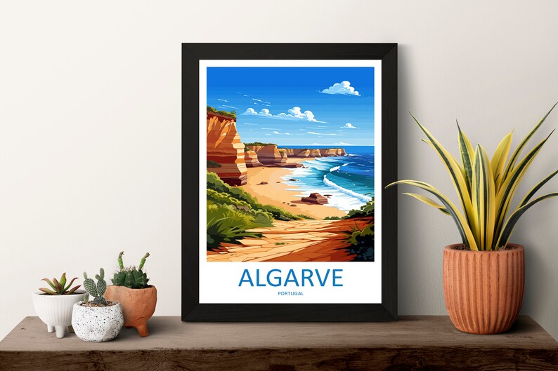 May include: A colorful illustration of a beach scene in Algarve, Portugal. The image features a sandy beach, blue ocean, and red cliffs. The text "ALGARVE PORTUGAL" is at the bottom of the image.