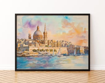Valletta Watercolor Poster Landscape Wall Art Valletta Wall Hanging Home Décor Valletta Gift Art Lovers Malta Wall Art
