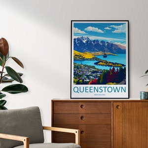 May include: A colourful poster depicting a scenic view of Queenstown, New Zealand. The poster features a cable car ascending a mountain with a lake and mountains in the background. The text "QUEENSTOWN NEW ZEALAND" is at the bottom of the poster.