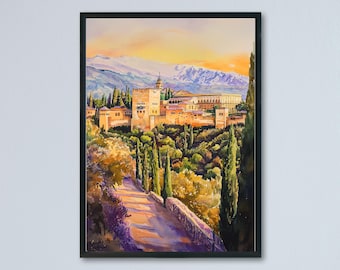 Granada Watercolor Poster Granada Travel Print Spain Wall Art Alhambra Palace Decor Granada Cityscape Andalusia Architecture Print