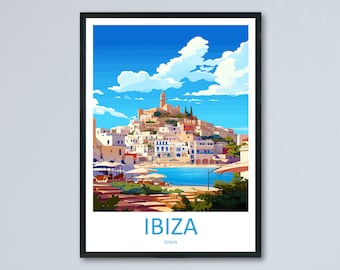 May include: A colourful illustration of a town on a hill overlooking a blue body of water. The town is white with red roofs and there are palm trees and a church steeple. The sky is blue with white clouds. The text "IBIZA SPAIN" is at the bottom of the image.