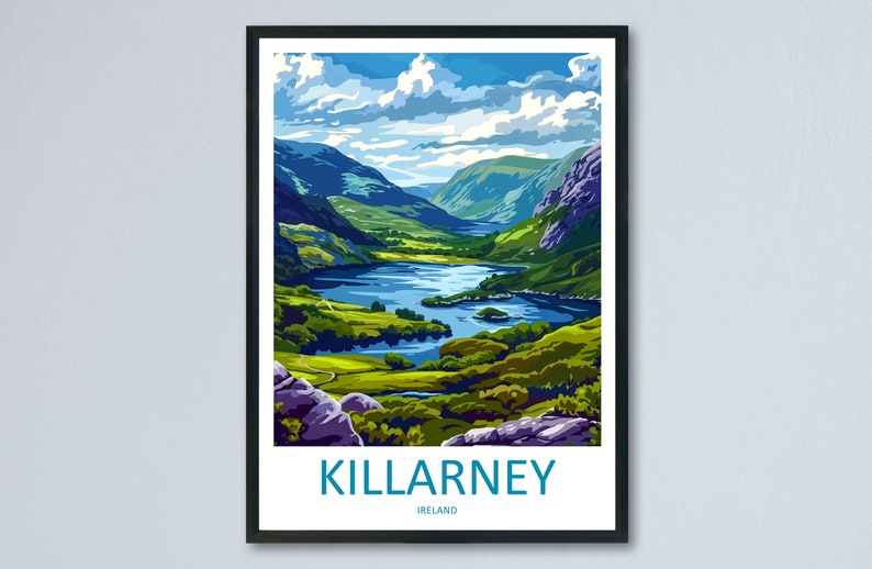 May include: A colorful illustration of a scenic landscape with a lake and mountains. The text "KILLARNEY IRELAND" is at the bottom of the image.