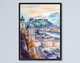 Salzburg Watercolor Poster Wall Art Salzburg Wall Hanging Home Décor Salzburg Gift Art Lovers Austria Wall Art