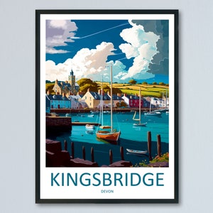 May include: A colorful illustration of a harbor town with boats and a church steeple. The text "KINGSBIDGE DEVON" is at the bottom of the image.