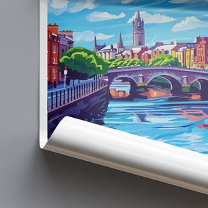 May include: A colorful illustration of a city skyline with a bridge over a river. The buildings are in shades of orange, yellow, and red, and the river is blue. The sky is blue with white clouds.