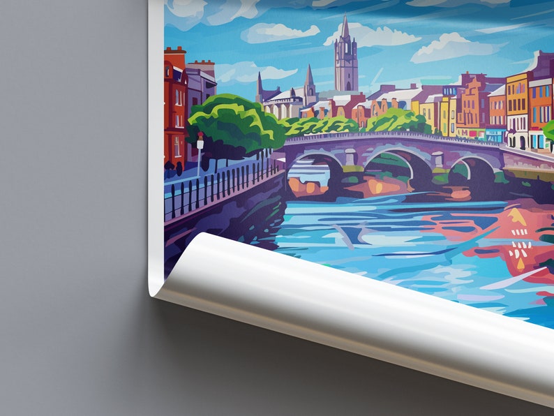 May include: A colorful illustration of a city skyline with a bridge over a river. The buildings are in shades of orange, yellow, and red, and the river is blue. The sky is blue with white clouds.