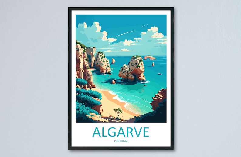 May include: A colorful illustration of a beach scene in Algarve, Portugal. The image features a sandy beach, turquoise water, and rocky cliffs. The text "ALGARVE" and "PORTUGAL" is displayed at the bottom of the image.