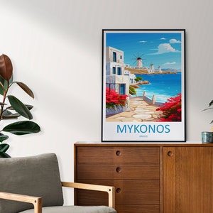 Puede incluir: Una ilustraci&oacute;n colorida de una escena de isla griega con edificios blancos, un molino de viento y un oc&eacute;ano azul. El texto "MYKONOS, GRECIA" est&aacute; en la parte inferior de la imagen.