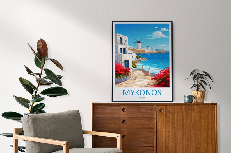 Puede incluir: Una ilustraci&oacute;n colorida de una escena de isla griega con edificios blancos, un molino de viento y un oc&eacute;ano azul. El texto "MYKONOS, GRECIA" est&aacute; en la parte inferior de la imagen.