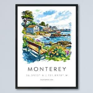 Monterey Watercolor Poster Monterey Travel Print California Coast Art Ocean Painting Monterey Bay Souvenir Decor