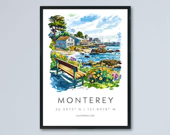 Monterey Watercolor Poster Monterey Travel Print California Coast Art Ocean Painting Monterey Bay Souvenir Decor